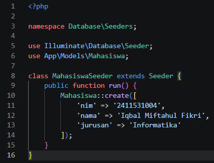 Kode MahasiswaSeeder.php